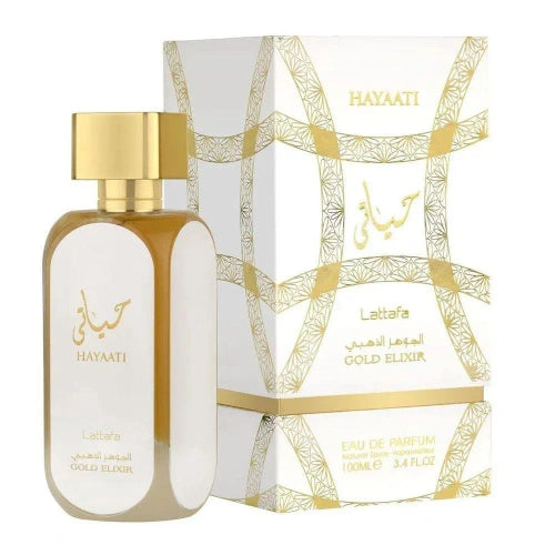 Hayaati Gold Elixir Lattafa Eau de Parfum 100ml — frasco e embalagem