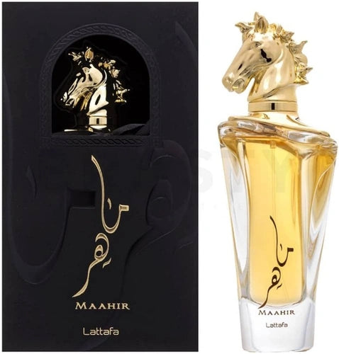 Maahir Gold Lattafa Eau de Parfum 100ml — frasco e embalagem
