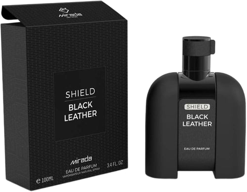 Shield Black Leather Mirada Eau de Parfum 100ml — frasco e embalagem
