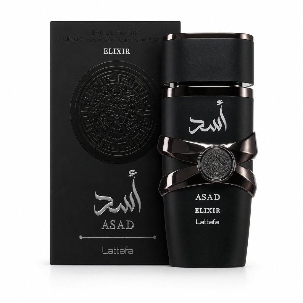 Asad Elixir — Lattafa — Frasco e embalagem