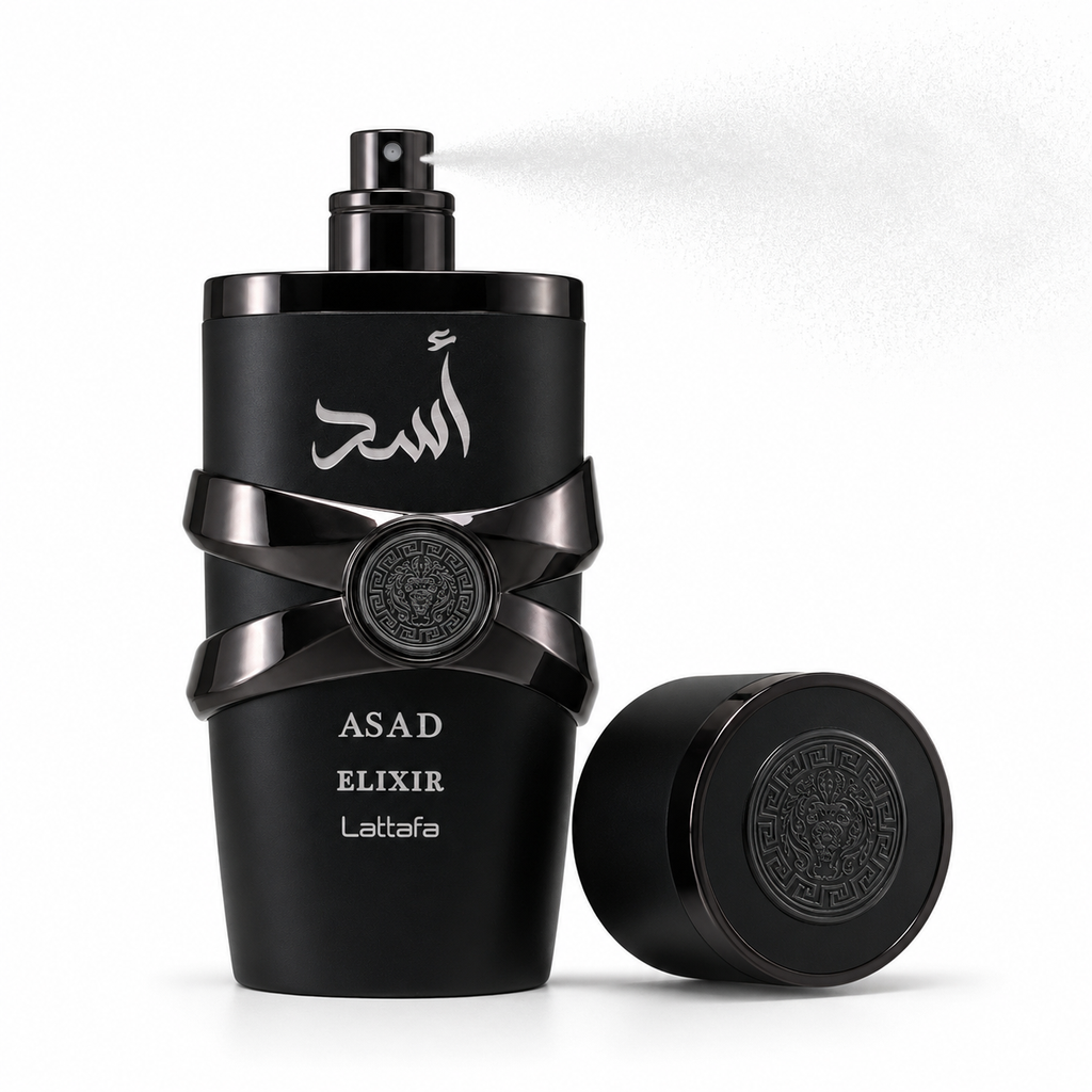 Asad Elixir — Lattafa — Borrifando, ângulo alternativo