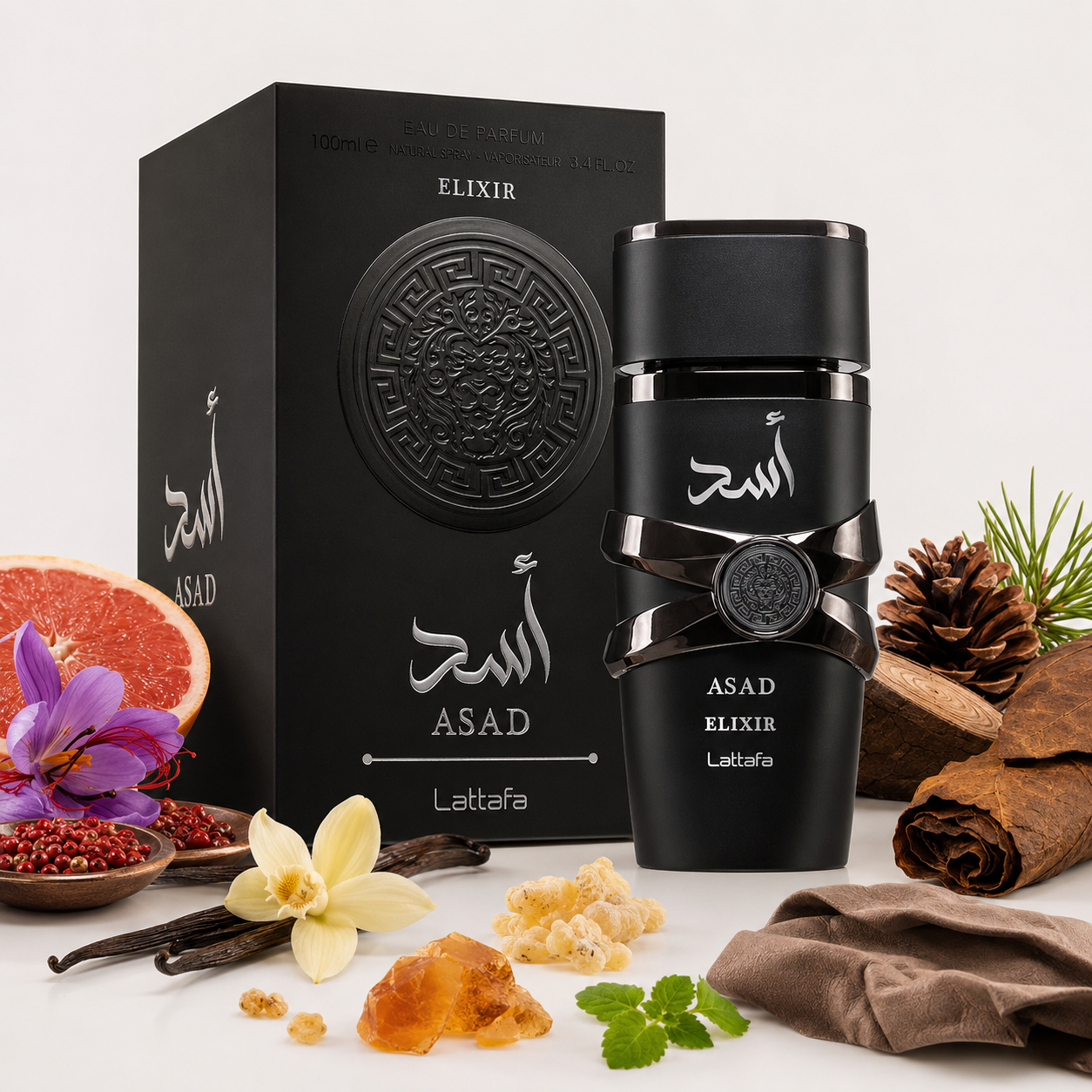 Asad Elixir — Lattafa — Com ingredientes da fragrância